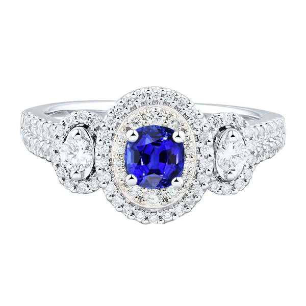 Double Halo Cushion Sapphire Ring 3 Carats White Gold 14K