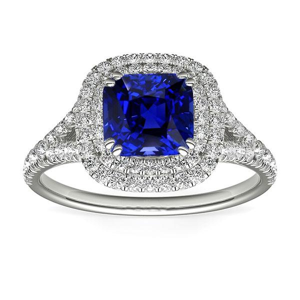 Double Halo Cushion Sapphire Ring Pave Split Shank Diamonds 4 Carats
