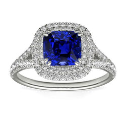 Double Halo Cushion Sapphire Ring Pave Split Shank Natural Earth Mined Diamonds 4 Carats