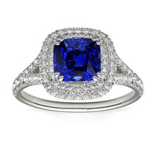 Double Halo Cushion Sapphire Ring Pave Split Shank Diamonds 4 Carats