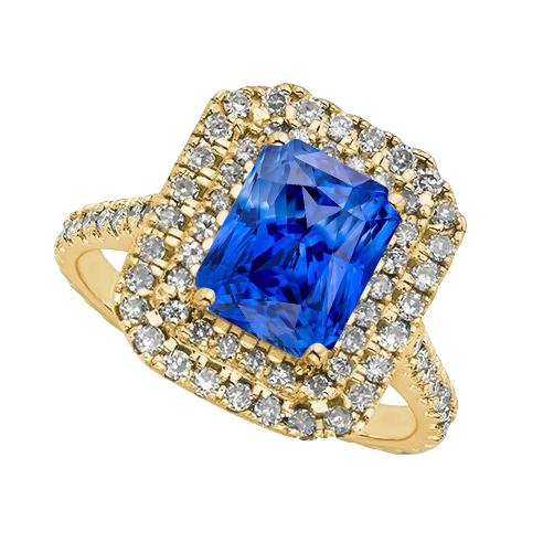 Double Halo Diamond Ceylon Sapphire Ring 3.50 Carats Women Yellow Gold