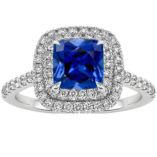 Double Halo Diamond Ring Cushion Ceylon Sapphire Accents 3.25 Carats