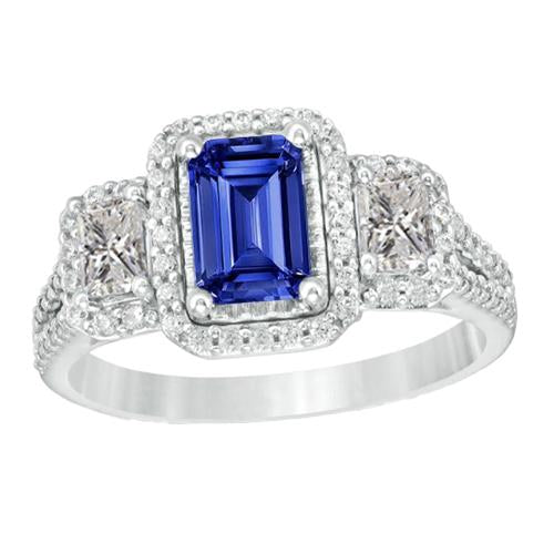 Double Halo Emerald Cut Ring Ceylon Sapphire 4.50 Carats Split Shank