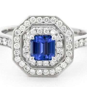Double Halo Emerald Sapphire Ring 2.50 Carats Round Diamonds Prong Set