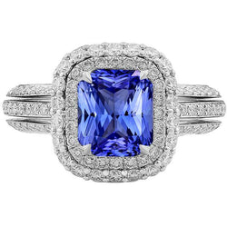 Double Halo Engagement Ring Radiant Sapphire 6 Carats Diamonds