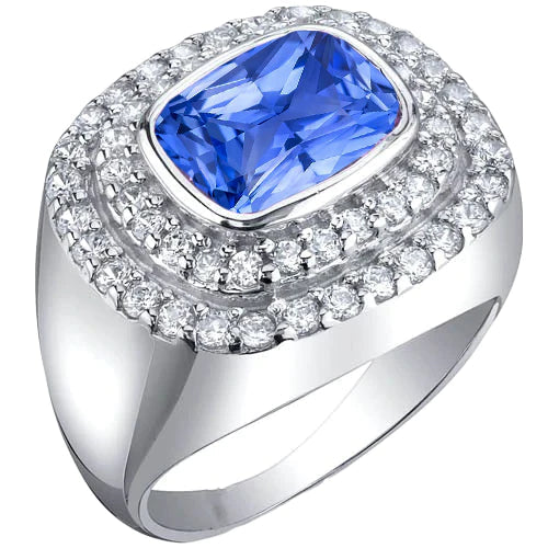 Double Halo Men's Ring Bezel Set Cushion Natural Blue Sapphire 4.50 Ct