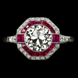 Double Halo Old Cut Diamond Ring Princess & Trapezoid Rubies 5 Carats