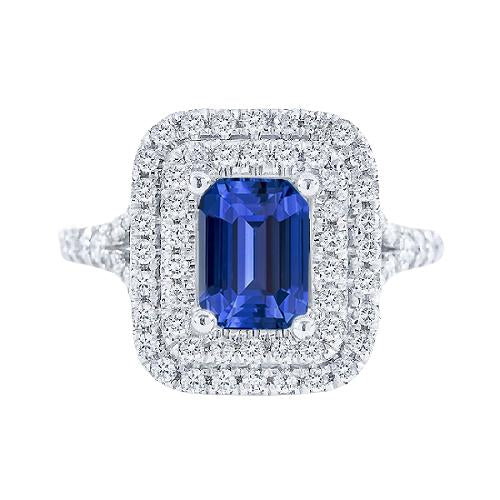 Double Halo Ring Emerald Shaped Natural Blue Sapphire 4 Carats