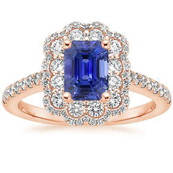 Double Halo Ring Emerald Sri Lankan Sapphire & Natural Earth Mined Diamond 5 Carats