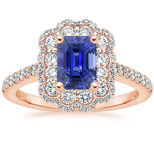 Double Halo Ring Emerald Sri Lankan Sapphire & Diamond 5 Carats