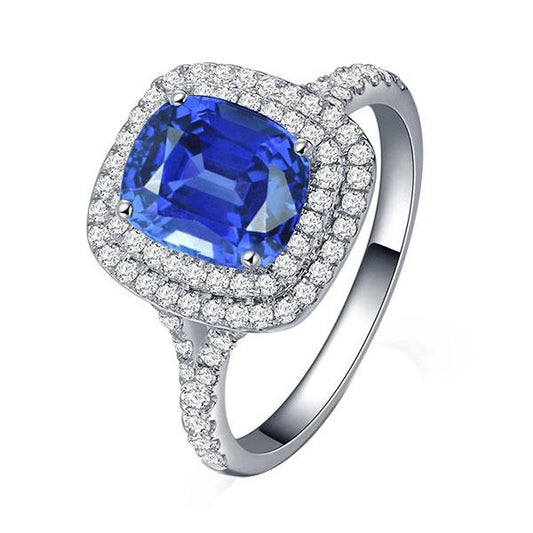 Double Halo Ring Oval Ceylon Sapphire 4 Carats Diamond Split Shank