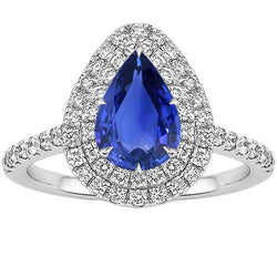 Double Halo Ring Pear Cut Ceylon Sapphire & Natural Earth Mined Diamonds 4.50 Carats