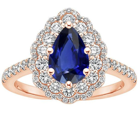 Double Halo Ring Rose Gold Flower Style Pear Ceylon Sapphire 4 Carats