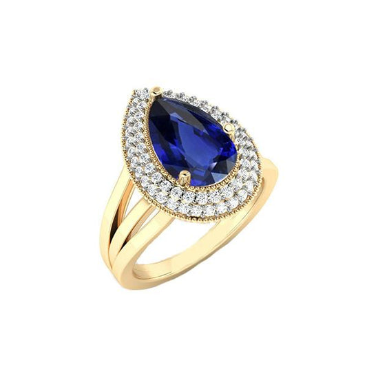 Double Halo Ring Triple Shank Ceylon Sapphire & Diamonds 4 Carats