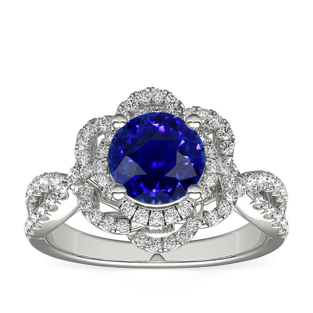Double Halo Round Blue Sapphire Ring Flower Style 5 Carats Split Shank