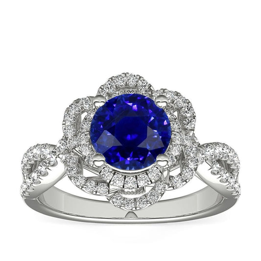 Double Halo Round Blue Sapphire Ring Flower Style 5 Carats Split Shank