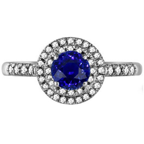 Double Halo Round Sapphire Ring 3 Carats Pave Set Diamond Jewelry