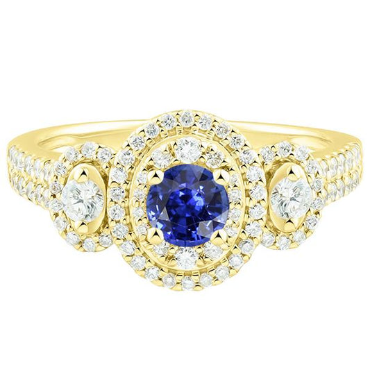 Double Halo Round Sapphire Ring Pave Set Diamonds 4.50 Carats