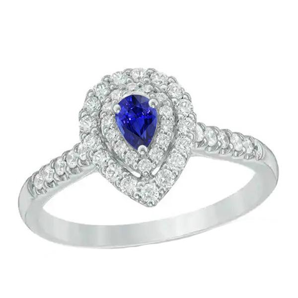 Double Halo Sri Lankan Sapphire Ring Pear & Diamonds 3 Carats