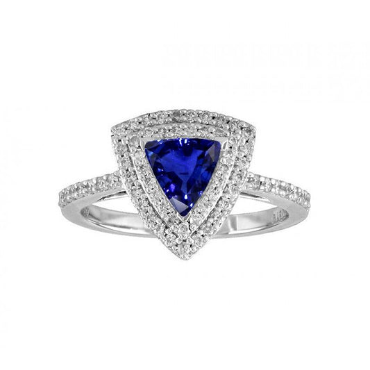 Double Halo Trillion Blue Sapphire Ring 2 Carats Accented Diamonds