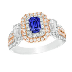 Double Halo Two Tone Blue Sapphire Ring Emerald & Natural Earth Mined Diamonds 4 Carats