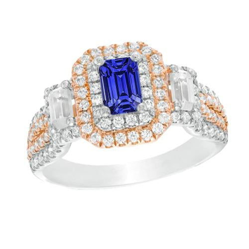 Double Halo Two Tone Blue Sapphire Ring Emerald & Diamonds 4 Carats