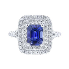 Double Halo Wedding Ring Emerald Blue Sapphire & Diamonds 4 Carats