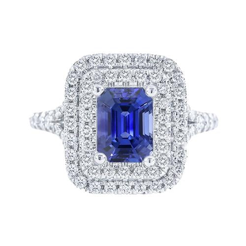 Double Halo Wedding Ring Emerald Blue Sapphire & Diamonds 4 Carats