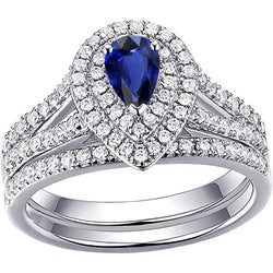 Double Halo Wedding Ring Set Pear Blue Sapphire & Diamonds 4.50 Carats