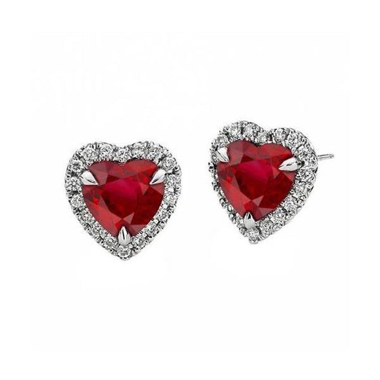 Eagle Claw Prongs Heart Cut Red Ruby & Diamond Studs Gold Earrings