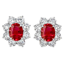Eagle Claw Prongs Red Ruby & Natural Earth Mined Diamond Studs Halo Earring White Gold 14K