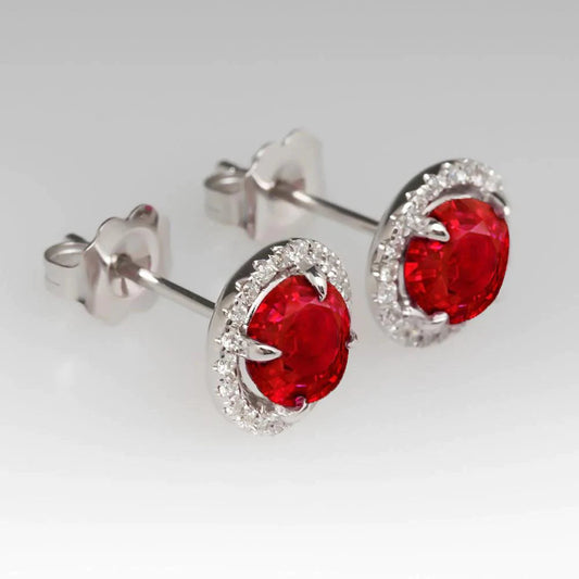 Eagle Claws Ruby & Diamond Studs Halo Earrings White Gold 14K