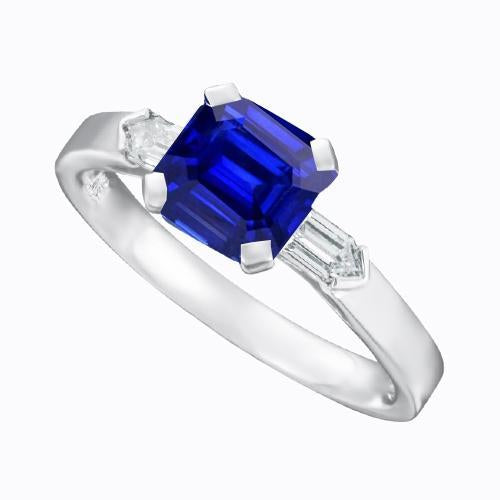 Emerald 3 Stone Diamond Sapphire Ring 1.75 Carats Tapered Baguettes