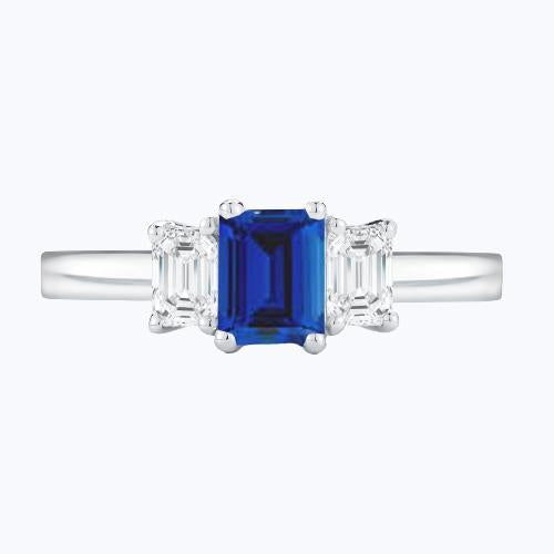 Emerald 3 Stone Ring 2 Carats Blue Sapphire & Diamond Jewelry Gold 14K