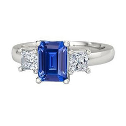 Emerald 3 Stone Ring Ceylon Sapphire & Princess Natural Earth Mined Diamonds 1.75 Carats