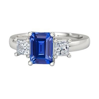 Emerald 3 Stone Ring Ceylon Sapphire & Princess Diamonds 1.75 Carats
