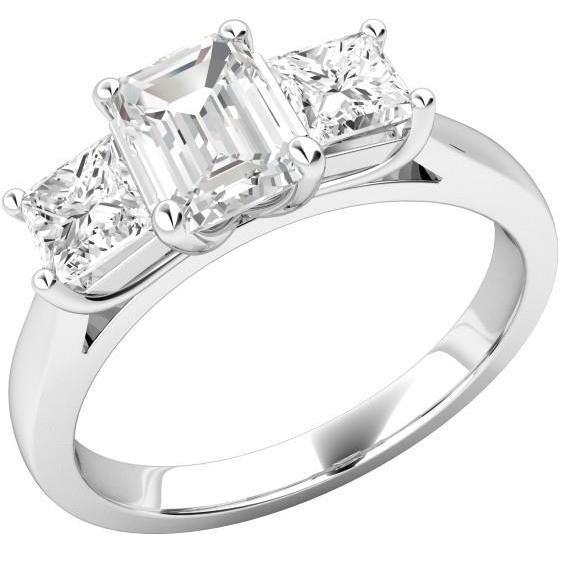 Emerald And Princess 3 Stone 4.25 Ct Diamonds Ring White Gold 14K