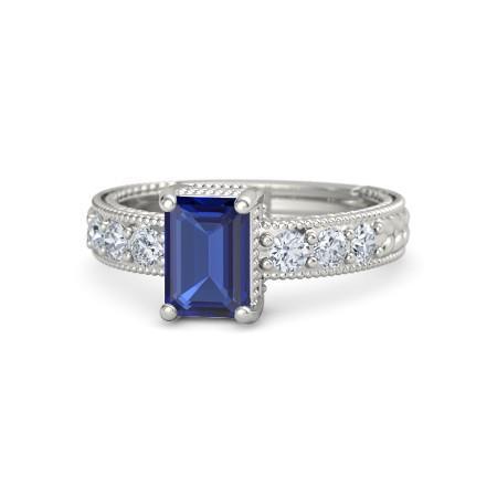 Emerald And Round Cut 2.10 Ct Sri Lanka Sapphire Diamonds Ring Gold