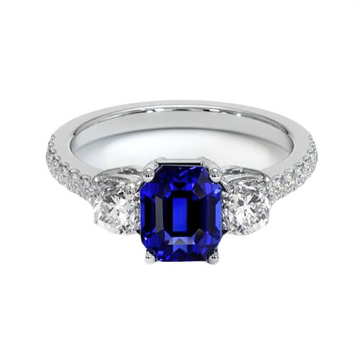 Emerald Blue Sapphire 3 Stone Style Ring With Accents 7 Ct Gold 14K