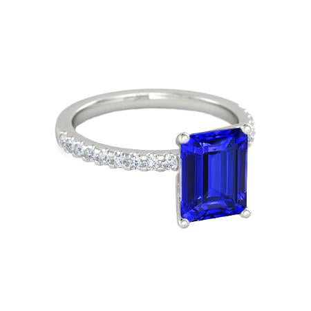 Emerald Cut And Round Cut 2.70 Ct Ceylon Sapphire Diamonds Ring Gold