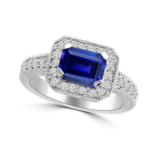 Emerald Cut Blue Sapphire Diamond Engagement Ring 2.20 Carats Gold 14K