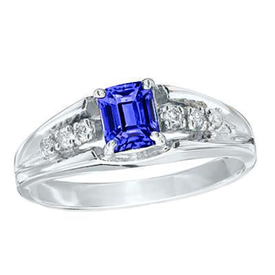 Emerald Cut Ceylon Sapphire With Round Diamonds 1.30 Ct Ring