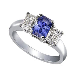 Emerald Diamond 3 Stone Ring 2 Carats Blue Sapphire Radiant Cut Gold