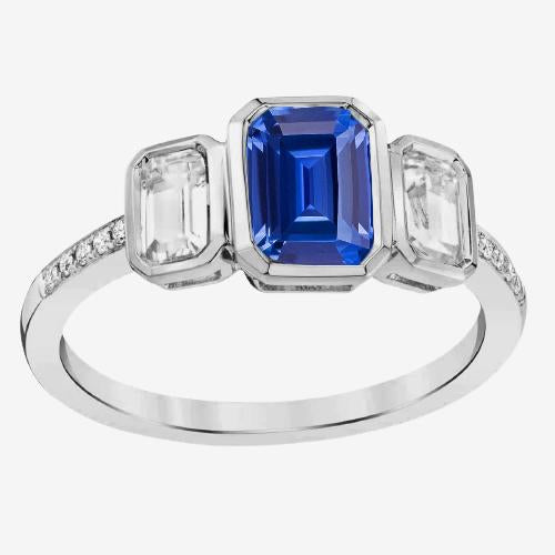 Emerald Diamond Bezel Set Blue Sapphire Ring 3 Stone Style 2.50 Carats
