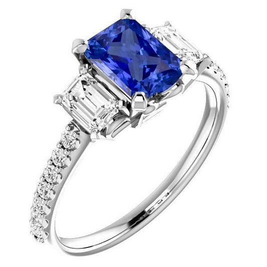 Emerald Diamond Radiant Blue Sapphire Ring 3 Carats White Gold 14K