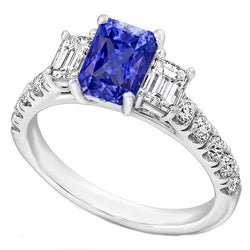 Emerald Natural Earth Mined Diamond Radiant Ceylon Sapphire Ring With Accents 3 Carats