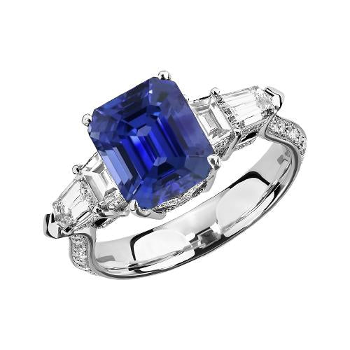 Emerald Diamond Ring Vintage Style Sapphire Baguette Sides 3.50 Carats