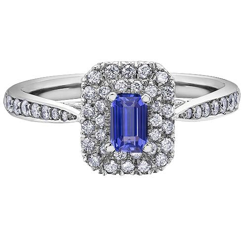 Emerald Double Halo Blue Sapphire Ring Tapered Shank 3 Carats