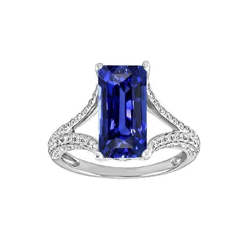 Emerald Gemstone Blue Sapphire Ring 4.50 Carats White Gold Split Shank