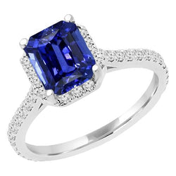 Emerald Gemstone Natural Earth Mined Diamond Halo Sapphire Ring 4 Carats Round Accents 14K